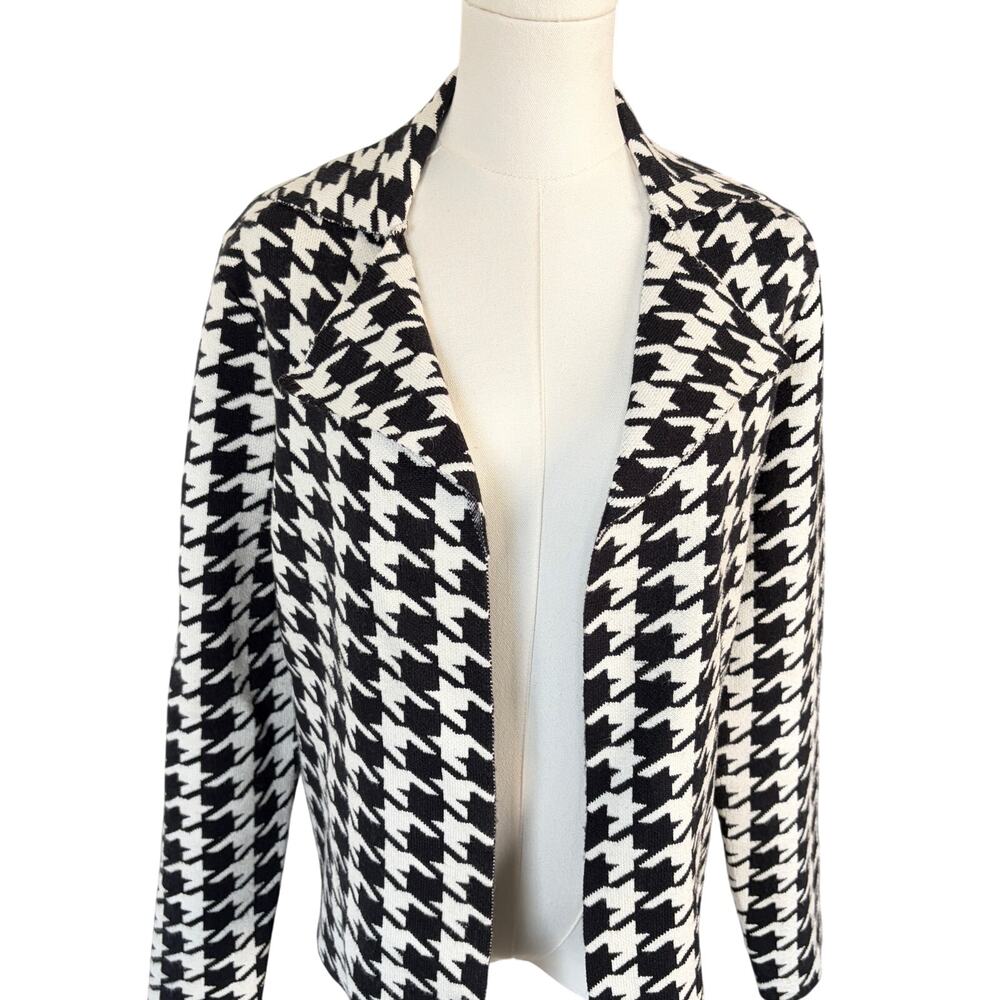 T Tahari Houndstooth Open Front Knit Blazer Black White M Quiet Luxury
